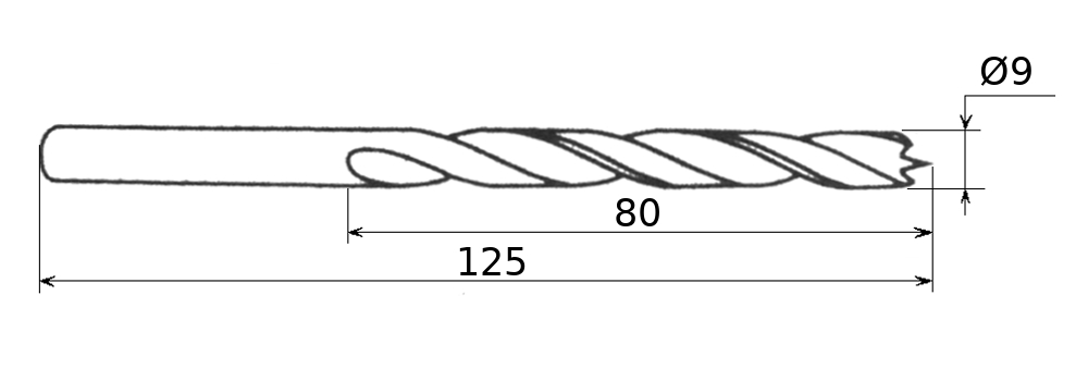 Чертёж спирального сверла, Ø9 мм, 125 мм