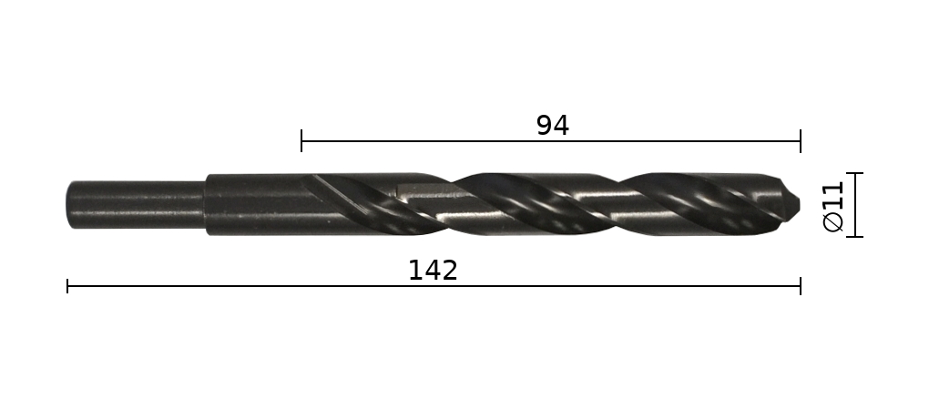 Чертёж спирального сверла по металлу, диаметр 11 мм, длина режущей части - 94 мм, длина сверла - 142 мм
